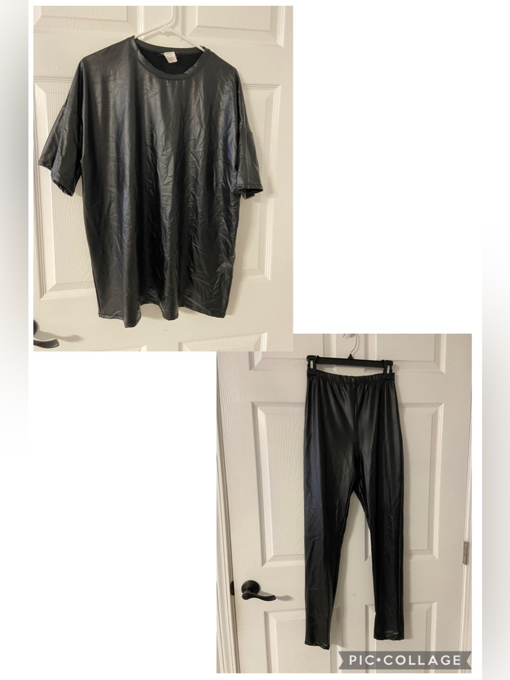 T40- 2PC. Set FASHION NOVA Black Faux Leather T-Shirt & Leggings SAUNA Sweatsuit